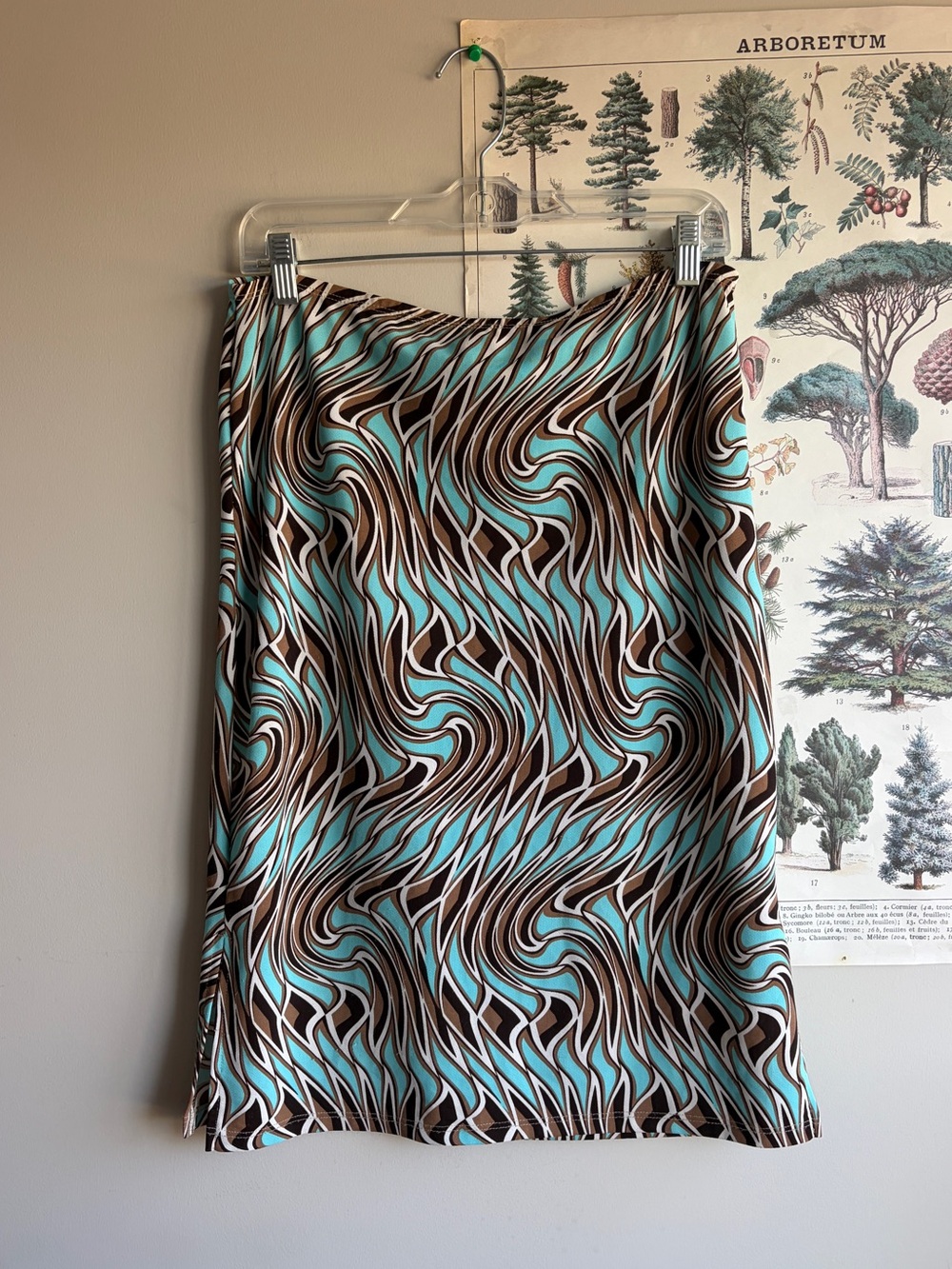 Vintage Printed Swirl Midi Skirt in Aqua and Brown Large